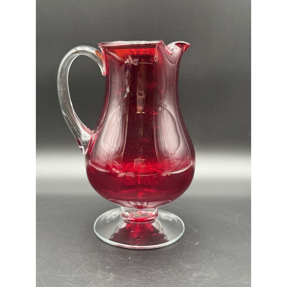 Vintage‎ MCM Ruby Red Poland Crystal Clear Art Glass Pitcher 10 1/2 X 7 1/2